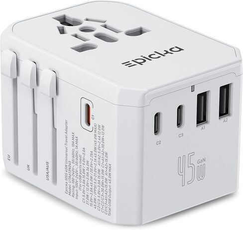 EPICKA محول السفر العالمي GaN 45W، محول قابس السفر الأوروبي مع شحن سريع PD&QC (2 منافذ USB-A و3 منافذ USB-C) - أساسيات السفر في جميع أنحاء العالم، محول الطاقة الدولي للمملكة المتحدة/الولايات المتحدة/الاتحاد الأفريقي (أسود) in Kuwait