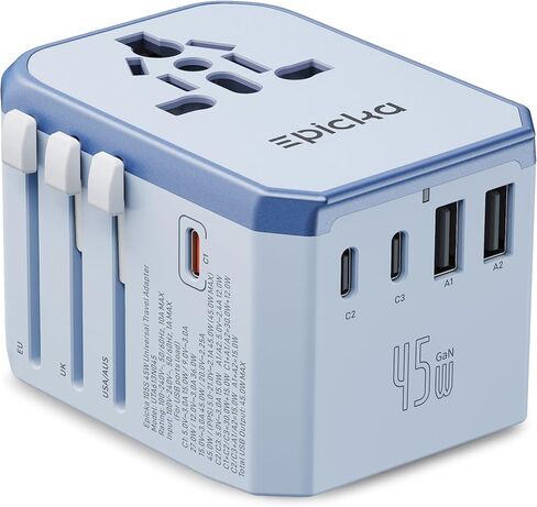 EPICKA Universal Travel Adapter GaN 45W, European Travel Plug Adapter with PD&QC Fast Charging(2 USB-A & 3 USB-C Ports) - Worldwide Travel Essentials, International Power Adapter for UK/US/AU (Black) in Saudi Arabia