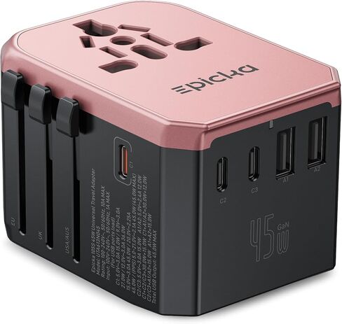EPICKA Universal Travel Adapter GaN 45W, European Travel Plug Adapter with PD&QC Fast Charging(2 USB-A & 3 USB-C Ports) - Worldwide Travel Essentials, International Power Adapter for UK/US/AU (Black) in Saudi Arabia