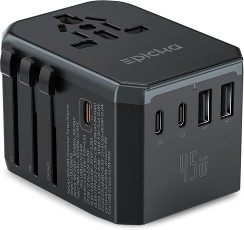 EPICKA Universal Travel Adapter GaN 45W, European Travel Plug Adapter with PD&QC Fast Charging(2 USB-A & 3 USB-C Ports) - Worldwide Travel Essentials, International Power Adapter for UK/US/AU (Black) in Saudi Arabia