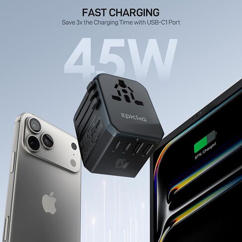 EPICKA Universal Travel Adapter GaN 45W, European Travel Plug Adapter with PD&QC Fast Charging(2 USB-A & 3 USB-C Ports) - Worldwide Travel Essentials, International Power Adapter for UK/US/AU (Black) in Saudi Arabia