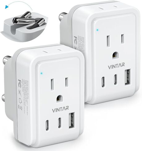 2 Pack European Travel Plug Adapter, VINTAR Foldable International Power Adapter with 2 AC Outlets 3 USB Charging Ports(2 USB C), Type C Power Adaptor to Most Europe Italy Spain France Iceland Germany in Saudi Arabia