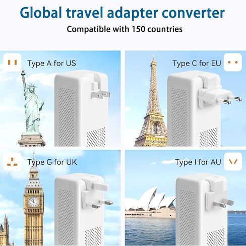 2000W 220V to 110V Voltage Converter US to Europe for Hair Dryer, Converter for European Travel, International Universal Travel Adapter with Type C A G I (White) in Saudi Arabia