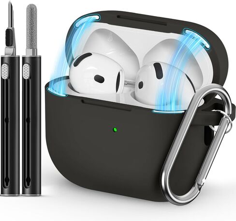 حافظة Ljusmicker لـ AirPods 4 2024 مع مجموعة منظف، غطاء حماية من السيليكون الناعم لحافظات Apple AirPods الجيل الرابع للنساء والرجال، متوافقة مع ملحقات حافظة AirPod 4 مع سلسلة مفاتيح - أسود in Kuwait