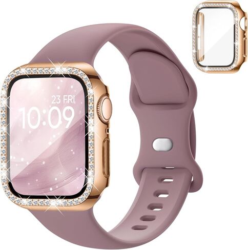 Silicone Band and Case Compatible with Apple Watch Bands for Women | 40mm 44mm 41mm 45mm 42mm 46mm Sport Strap with Bling Diamond Screen Protector Cover for iWatch Series 11/SE3/10/9/8/7/6/5/4 in Saudi Arabia