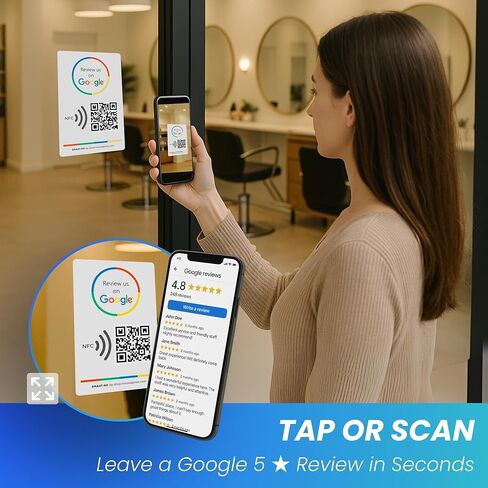 ملصق Tap Tap قابل لإعادة الاستخدام لمراجعات Google - حزمة مكونة من ملصقين - ملصق QR & Tap NFC - راجعنا على Google Tap Poster - iPhone وAndroid - تعزيز ملصق مراجعاتي - إعداد في المنزل | الرسائل in Kuwait