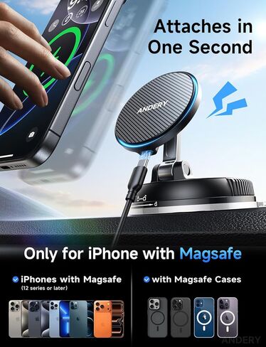 ANDERY Only for iPhone Magsafe Car Mount Charger [15W Fast Wireless Charging, 78+LBS Strong Suction 2400gf Strong Magnetic] 360° Adjustable Car Phone Holder, Phone Holders for Your Car for pats & mats in Kuwait