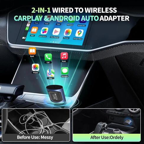 2026 محول CarPlay اللاسلكي 2 في 1 ومحول Android Auto اللاسلكي، محول سيارة بلوتوث للاتصال السلكي باللاسلكي، اتصال تلقائي سريع ومستقر، 5G WiFi وBT 5.4، التوصيل والتشغيل (USB-C/A) in Kuwait