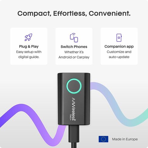 AAWireless TWO+ متوافق مع محول Android Auto وApple Carplay 2 في 1 | اتصال لاسلكي عبر البلوتوث والواي فاي | آيفون X+ وأندرويد 11+ | زر متعدد الوظائف | صنع في أوروبا in Kuwait