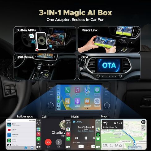 TOGUARDGO محول Carplay اللاسلكي 3 في 1 صندوق الذكاء الاصطناعي السحري مع تطبيقات YouTube TikTok ترقية تشغيل السيارة السلكية إلى محرك أقراص USB لاسلكي يدعم iPhone 10+ وAndroid 13+ in Kuwait