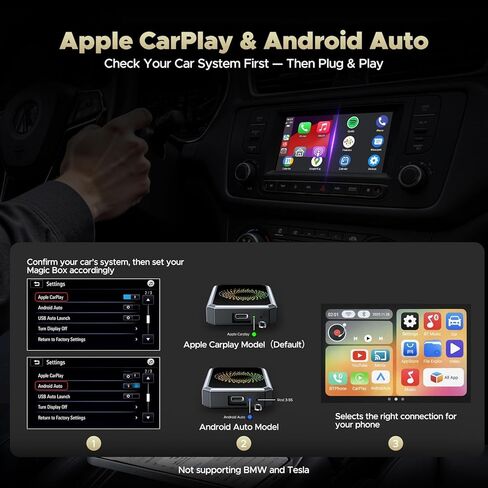 TOGUARDGO محول Carplay اللاسلكي 3 في 1 صندوق الذكاء الاصطناعي السحري مع تطبيقات YouTube TikTok ترقية تشغيل السيارة السلكية إلى محرك أقراص USB لاسلكي يدعم iPhone 10+ وAndroid 13+ in Kuwait