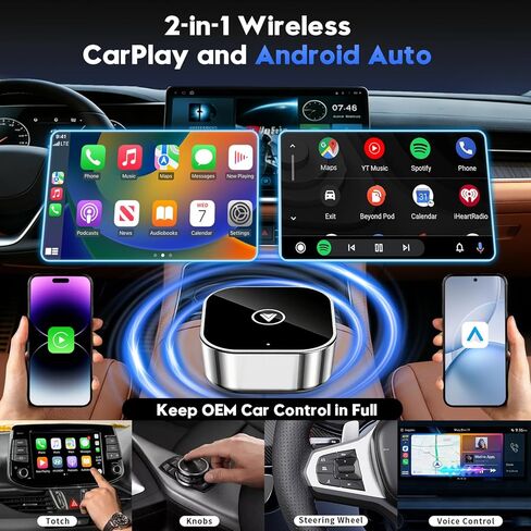 محول CarPlay لاسلكي 2 في 1 ومحول Android Auto، محول سلكي إلى لاسلكي مطور لعام 2026، محول CarPlay لاسلكي لأجهزة Apple iPhone وAndroid، التوصيل والتشغيل، تصميم أنيق وصغير الحجم in Kuwait