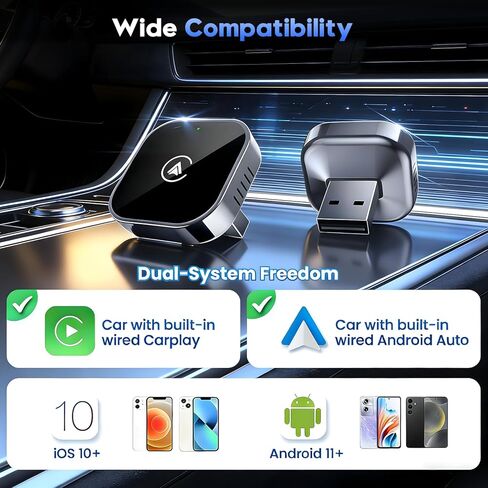 محول CarPlay لاسلكي 2 في 1 ومحول Android Auto، محول سلكي إلى لاسلكي مطور لعام 2026، محول CarPlay لاسلكي لأجهزة Apple iPhone وAndroid، التوصيل والتشغيل، تصميم أنيق وصغير الحجم in Kuwait