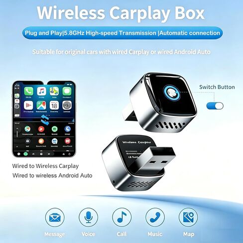 Ultra Mini Wireless CarPlay Adapter for iPhone & Android Auto, 2-in-1 Wired to Wireless CarPlay Dongle,One-Click Switch, 5s Auto Reconnect, 5.8GHz WiFi+BT5.4, Compatible with iOS10+& Android10+,silver in Kuwait