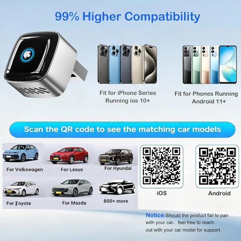 Ultra Mini Wireless CarPlay Adapter for iPhone & Android Auto, 2-in-1 Wired to Wireless CarPlay Dongle,One-Click Switch, 5s Auto Reconnect, 5.8GHz WiFi+BT5.4, Compatible with iOS10+& Android10+,silver in Kuwait