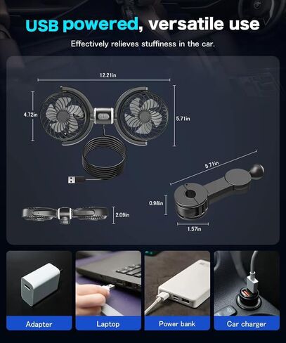 مروحة سيارة للأطفال تعمل بالطاقة USB، مروحة تبريد السيارة ذات 3 سرعات، محرك منفصل هادئ بدون فرش، مروحة مقعد سيارة مزدوجة الرأس يتم التحكم فيها بشكل مستقل، مروحة دوران 360 درجة للسيارة لسيارة فان شاحنة SUV RV in Kuwait