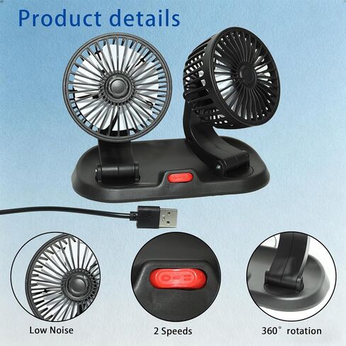 Dual Head Car Cooling Fan-2 Speeds, 360 Rotation, for Car Dashboard, Powerful Cooling Solution for SUV/RV/Truck/Sedan/Cruise/Office, USB Powered (2 Head 5V) in Saudi Arabia