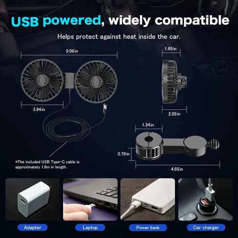 مروحة سيارة محمولة تعمل بمنفذ USB ومروحة تبريد سيارة مزدوجة الرأس للسيارة، مروحة تبريد سيارة قابلة للدوران 360 درجة، مروحة سيارة محمولة مع مشبك قابل للتعديل مناسبة لسيارات السيدان وسيارات الدفع الرباعي والشاحنات RV in Kuwait