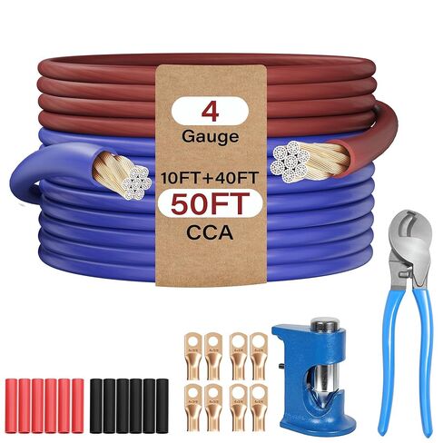 4 AWG Gauge Battery Cable Wire Kit 40 Ft Blue+10 Ft Brown, Primary Automotive Power & Ground Wire CCA All-in-One Set,Soft for Car Audio RV Amp Marine Inverter +Lugs, Heat Shrink, Cutter &Crimping Tool in Saudi Arabia
