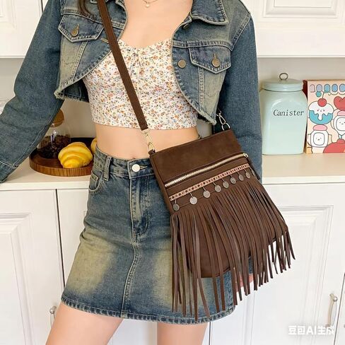 Women's Fringe Crossbody Bag, Vegan Leather Purse with Detachable Strap, Boho Handbag for Concert & Daily Use in Saudi Arabia