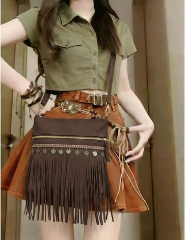 Women's Fringe Crossbody Bag, Vegan Leather Purse with Detachable Strap, Boho Handbag for Concert & Daily Use in Saudi Arabia