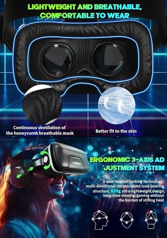 VR Headset with Built-in Headphones, 120° FOV Aspheric Lenses for 4.7-7" Smartphones, 3D VR Glasses Adjustable Focus/IPD, Compatible iPhone Android in Kuwait