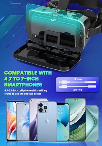 VR Headset with Built-in Headphones, 120° FOV Aspheric Lenses for 4.7-7" Smartphones, 3D VR Glasses Adjustable Focus/IPD, Compatible iPhone Android in Kuwait