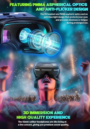 VR Headset with Built-in Headphones, 120° FOV Aspheric Lenses for 4.7-7" Smartphones, 3D VR Glasses Adjustable Focus/IPD, Compatible iPhone Android in Kuwait