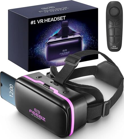 سماعة رأس FEEBZ ثلاثية الأبعاد VR للأطفال 2.0 + جهاز تحكم عن بعد يعمل بنظام Android - لهواتف iPhone وAndroid | مع روابط تطبيقات وفيديوهات الواقع الافتراضي ثلاثية الأبعاد | مجموعة نظارات الواقع الافتراضي للمبتدئين in Kuwait
