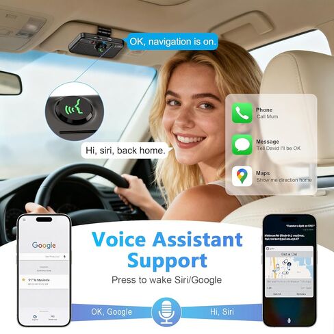 1Mii CarEcho MK02 سماعات بلوتوث 6.0 للسيارة، مجموعة بلوتوث للمكالمات بدون استخدام اليدين، وقت تشغيل 35 ساعة، دعم مساعد Siri Google، مكبر صوت سيارة لاسلكي 5 وات مع مشبك قناع، تشغيل تلقائي - ترقية in Kuwait