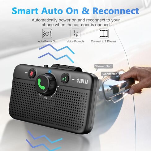 1Mii CarEcho MK02 سماعات بلوتوث 6.0 للسيارة، مجموعة بلوتوث للمكالمات بدون استخدام اليدين، وقت تشغيل 35 ساعة، دعم مساعد Siri Google، مكبر صوت سيارة لاسلكي 5 وات مع مشبك قناع، تشغيل تلقائي - ترقية in Kuwait