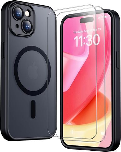 SPIDERCASE for iPhone 15 Case, Magnetic Translucent Matte Case with 2PCS Tempered Glass Screen Protector Slim Phone Case for iPhone 15 6.1'', Black in Kuwait