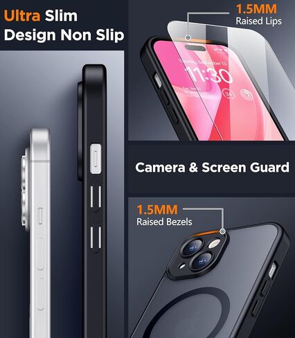 SPIDERCASE for iPhone 15 Case, Magnetic Translucent Matte Case with 2PCS Tempered Glass Screen Protector Slim Phone Case for iPhone 15 6.1'', Black in Kuwait