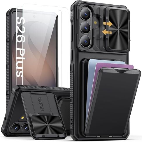 حافظة SSLOTSCASE لهاتف Samsung Galaxy S26 Ultra مع حامل بطاقة ومسند وغطاء عدسة كاميرا منزلق وحامل كاميرا ومحفظة، غطاء حماية من السقوط بدرجة عسكرية لهاتف S26 Ultra 2026، أسود in Kuwait