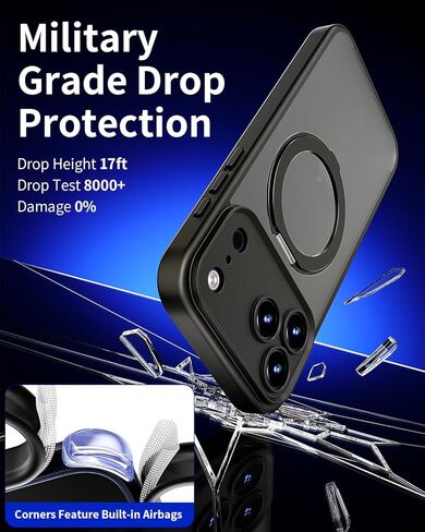 for iPhone 17 Pro Case Upgraded 360° Spin Magnetic Stand, Compatible with Magsafe, Military Protection, Full Camera Protection, Translucent Matte Phone Case for iPhone 17 Pro, Black in Kuwait
