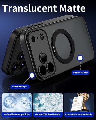 for iPhone 17 Pro Case Upgraded 360° Spin Magnetic Stand, Compatible with Magsafe, Military Protection, Full Camera Protection, Translucent Matte Phone Case for iPhone 17 Pro, Black in Kuwait