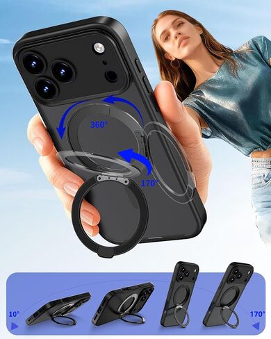 for iPhone 17 Pro Case Upgraded 360° Spin Magnetic Stand, Compatible with Magsafe, Military Protection, Full Camera Protection, Translucent Matte Phone Case for iPhone 17 Pro, Black in Kuwait