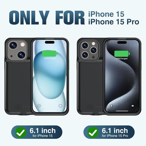 حافظة بطارية GIN FOXI لهاتف iPhone 15 Pro/15، حافظة قابلة لإعادة الشحن بقوة 15 وات شاحن شحن سريع حقيقي 7000 مللي أمبير في الساعة حماية فائقة النحافة ضد السقوط شاحن ممتد لهاتف iPhone 15 & 15 Pro أسود in Kuwait