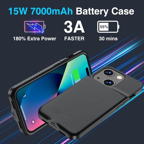 حافظة بطارية GIN FOXI لهاتف iPhone 15 Pro/15، حافظة قابلة لإعادة الشحن بقوة 15 وات شاحن شحن سريع حقيقي 7000 مللي أمبير في الساعة حماية فائقة النحافة ضد السقوط شاحن ممتد لهاتف iPhone 15 & 15 Pro أسود in Kuwait
