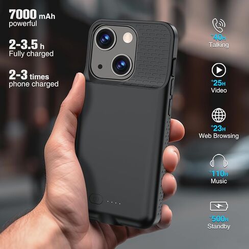 حافظة بطارية GIN FOXI لهاتف iPhone 15 Pro/15، حافظة قابلة لإعادة الشحن بقوة 15 وات شاحن شحن سريع حقيقي 7000 مللي أمبير في الساعة حماية فائقة النحافة ضد السقوط شاحن ممتد لهاتف iPhone 15 & 15 Pro أسود in Kuwait