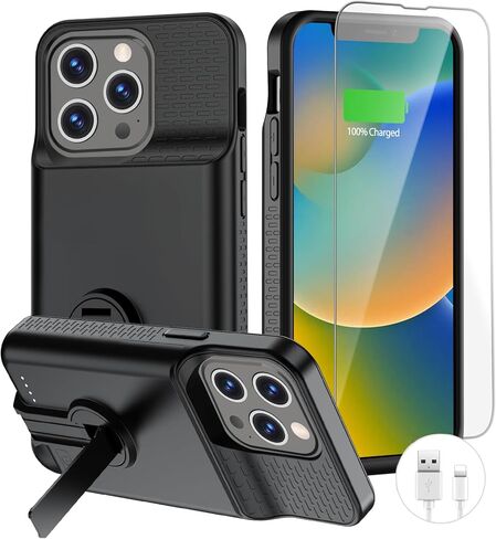 حافظة بطارية لهاتف iPhone 13 Pro Max & 14 Pro Max & 14 Plus مع حامل، غطاء شاحن ممتد وقوي 8000 مللي أمبير في الساعة محمول وقابل لإعادة الشحن لهاتف iPhone 13 pro max، 14 pro max in Kuwait