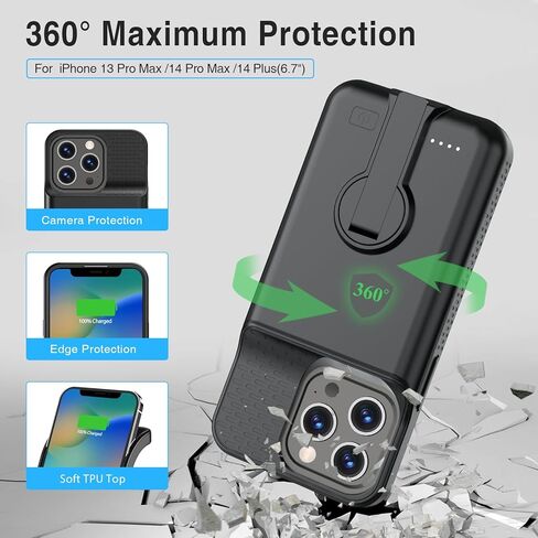 حافظة بطارية لهاتف iPhone 13 Pro Max & 14 Pro Max & 14 Plus مع حامل، غطاء شاحن ممتد وقوي 8000 مللي أمبير في الساعة محمول وقابل لإعادة الشحن لهاتف iPhone 13 pro max، 14 pro max in Kuwait