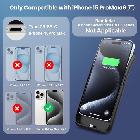 Battery Case for iPhone 15Pro Max, Upgrade 8600mah Portable Slim Battery Charging Case, 15W Fast Charging Rechargeable Protective Extended Charger Cover for iPhone 15 Pro Max (6.7 inch)-Black in Saudi Arabia