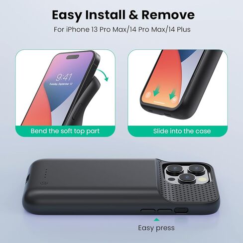 حافظة بطارية لهاتف iPhone 14 Pro Max و14 Plus و13 pro Max، حافظة شحن ذكية ممتدة قابلة لإعادة الشحن بقدرة 8600 مللي أمبير في الساعة، حزمة بطارية واقية محمولة رفيعة للغاية (6.7 بوصة) أسود in Kuwait