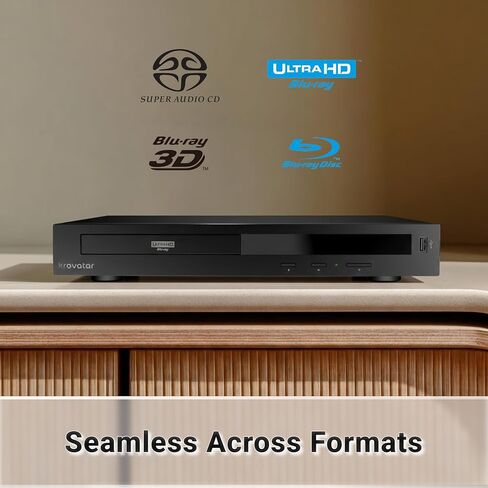 مشغل Blu-ray Krovatar 4K UHD مع Dolby Vision وHDR10+، ووظيفة Bluetooth وكابل HDMI مضمن. دعم 2K Blu-ray، و3D Blu-ray، وترقية 4K، وUHD Blu-ray، وSACD، وDVD، وتشغيل الأقراص المضغوطة in Kuwait