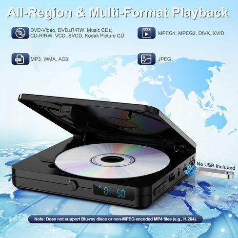 مشغل DVD صغير مع جهاز تحكم عن بعد - مشغل DVD صغير الحجم بدقة 1080 بكسل HD مجاني لجميع المناطق للتلفزيون الذكي وجهاز العرض، يتميز بمخرج HDMI، ومقبس سماعة الرأس، ومدخل USB 2.0، ودعم PAL/NTSC in Kuwait