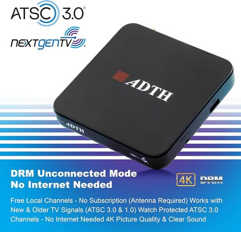 ADTH NextGen TV Box Gen 2 ATSC 3.0 & ATSC 1.0 صندوق المحول الرقمي | موالف وجهاز استقبال للتليفزيون عبر الهواء | 4K اتش دي ار | واي فاي وبلوتوث | المدمج في تسجيل DVR in Kuwait