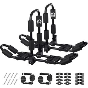 حامل سقف XGeek Kayak 4 في 1 مجموعة من 2 لقوارب الكاياك وألواح ركوب الأمواج والقوارب وألواح التزلج على السطح حامل قابل للطي وقابل للتعديل ثنائي على شكل حرف J على سيارات الدفع الرباعي والسيارات والشاحنات in Kuwait