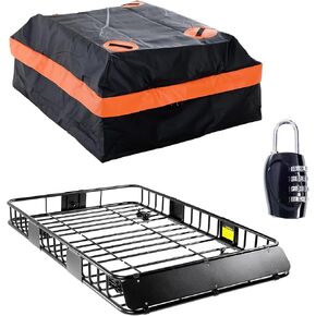 Heavy Duty Roof Basket Cargo Carrier (64x39x6) with Large Waterproof Bag, 250LB Capacity Universal Roof Rack for SUV/Truck/RV, Anti-Rust Steel Luggage Rack for Road Trip Camping Storage in Kuwait