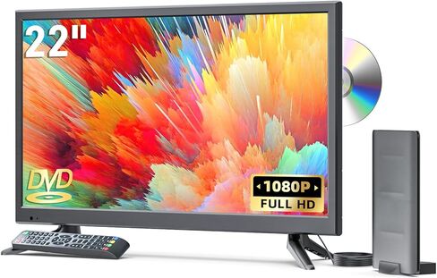 تلفزيون 22 بوصة مع مشغل DVD مدمج، شاشة مسطحة صغيرة مع مدخلات HDMI/USB/AV، دقة عالية كاملة 1080 بكسل، مجموعة DVD للتلفزيون RV، المطبخ، المنزل، هوائي مطور in Kuwait